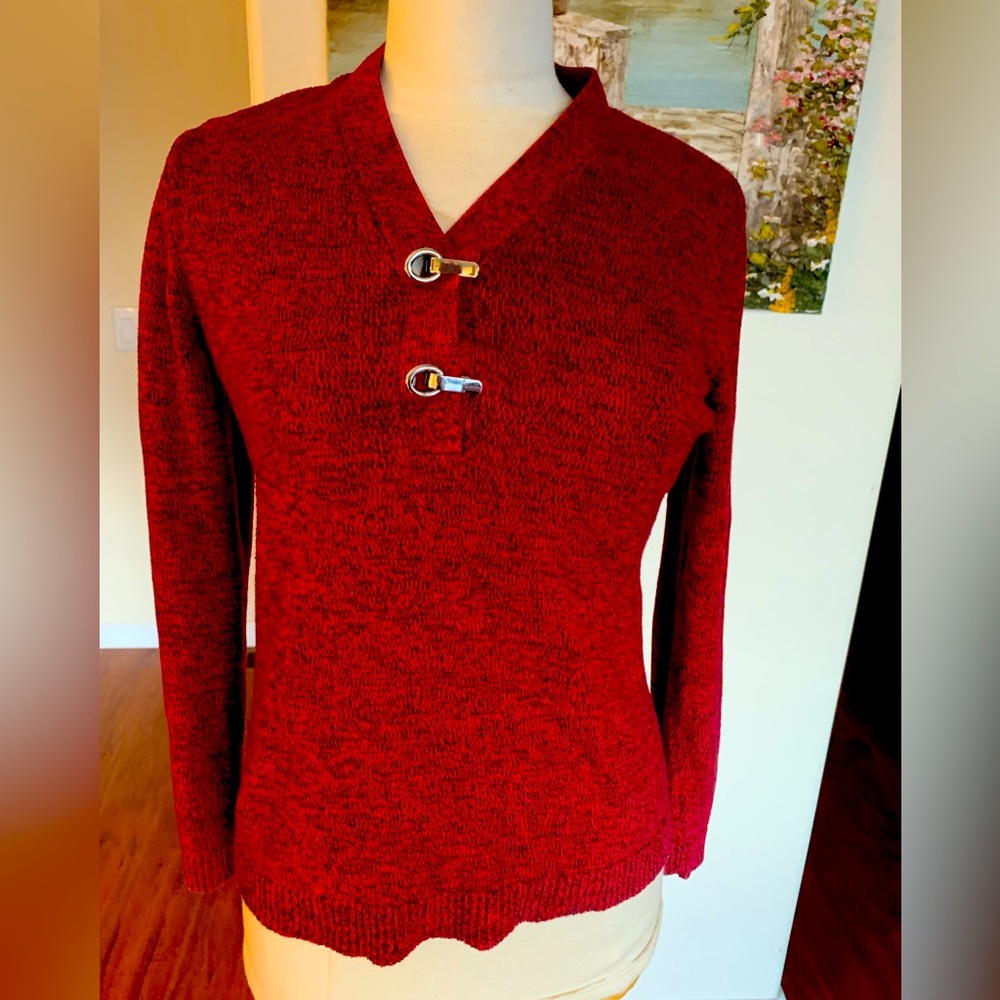 LOVELY BURGUNDY KAREN SCOTT SWEATER, WITH GOLD HARDWARE.
